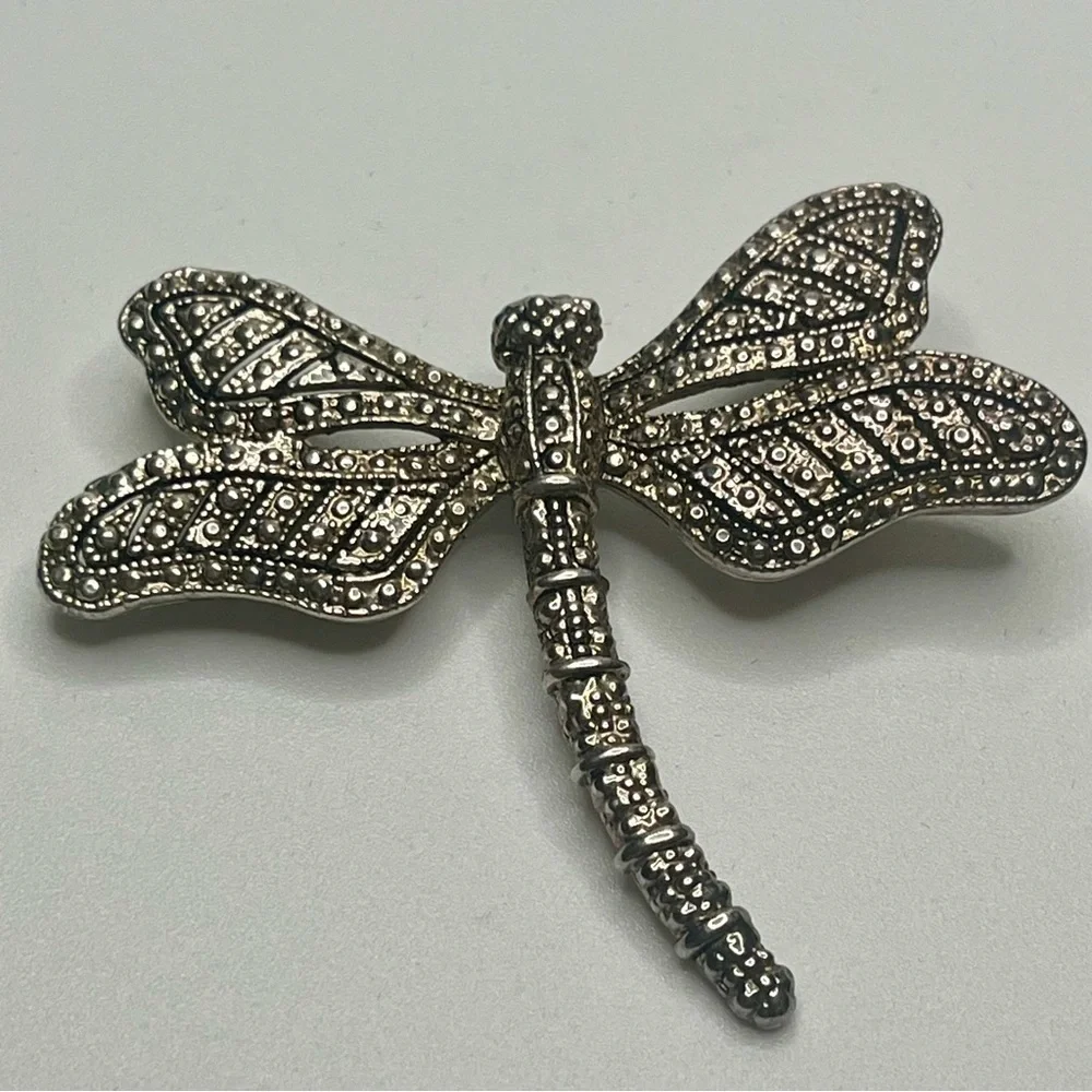 Dragonfly Brooch Silver tone Shiny Pin. Faux marcasite